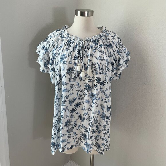 Rose + Olive Womens Plus 2X Floral Monkey Birds Print Blouse Ruffle Sleeve Top - Picture 1 of 13